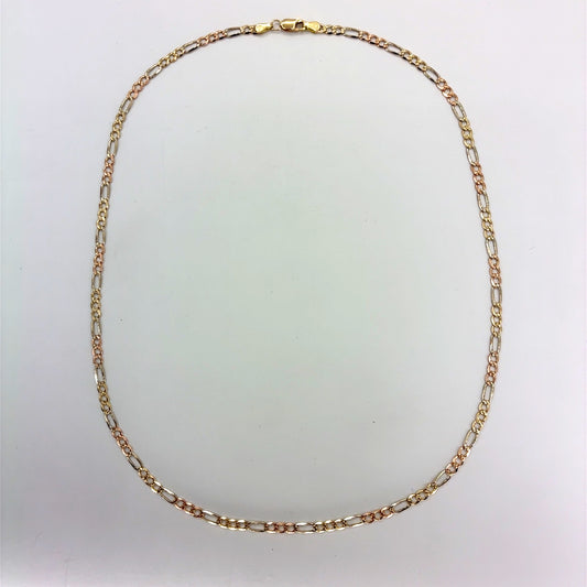 14K Tricolor Gold Solid Figaro Necklace | 20 Inches, 3.3mm, 7.60 grams