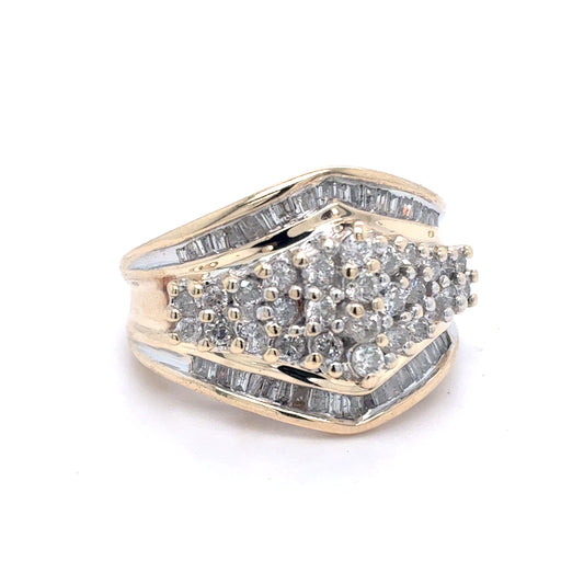 10K Yellow Gold Natural Diamond Cluster Ring | Round & Baguette 1.04 TCW, G-H I1-I2, Size 5