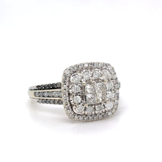 10K White Gold Natural Diamond Square Cluster Double Halo Ring | Princess & Round 0.83 TCW, I I2, Size 7.25