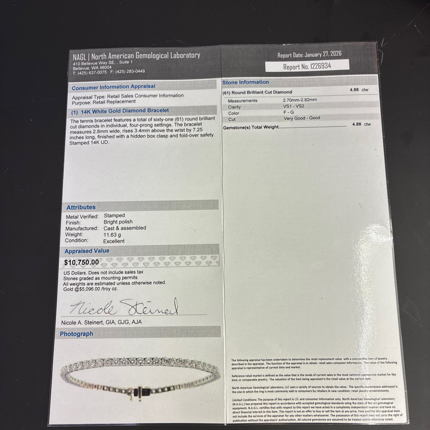 14K White Gold Natural Diamond Tennis Bracelet | Round 4.88 TCW, F-G VS1-VS2, 7.25 inch
