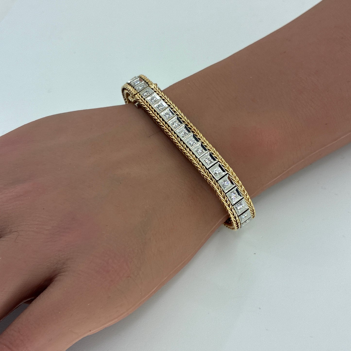 14K Two Tone Gold Natural Diamond Square Link Bracelet | Round 2.00 TCW, F-G VS2-SI1