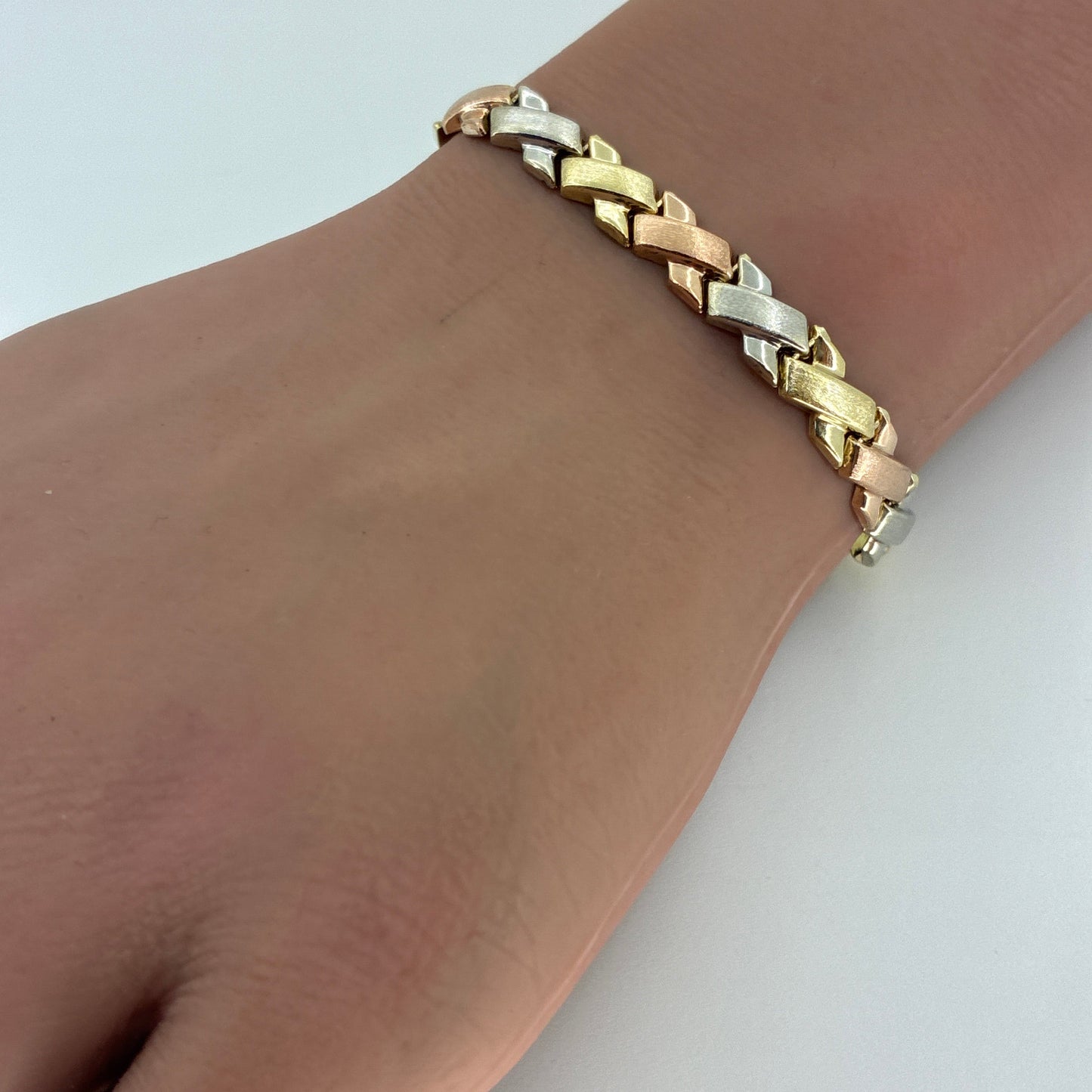 10K Tricolor Gold Satin X Bracelet | 7.25 Inches, 6.5mm, 4.40 grams