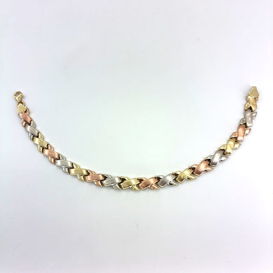 10K Tricolor Gold Satin X Bracelet | 7.25 Inches, 6.5mm, 4.40 grams