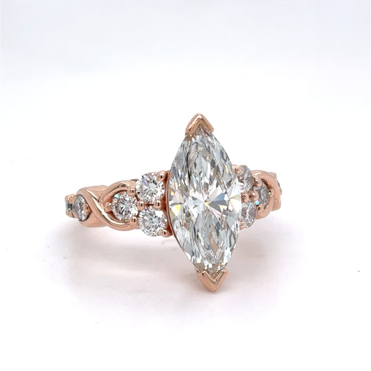 14K Rose Gold Lab Diamond Marquise Engagement Ring | Marquise & Round 3.19 TCW, F-H VS1-VS2, Size 6.5