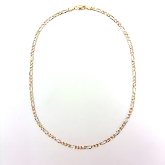 14K Yellow Gold Solid Tricolor Diamond Cut Figaro Necklace | 16 Inches, 3.3mm, 6.20 grams