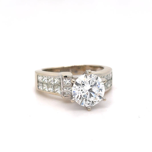 18K White Gold Natural Diamond 2.07ct Solitaire Ring | Round & Princess 3.07 TCW, E I1 , Size 5.5