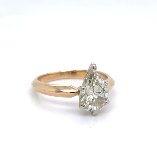 14K Two Tone Gold Natural Diamond Solitaire Ring | Pear 1.72 CTW, O-P SI1, Size 5.5