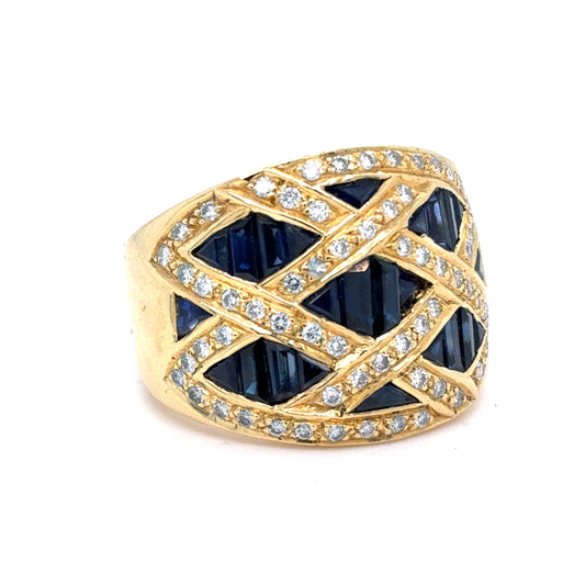 18K Yellow Gold Natural Sapphire & Diamond Crisscross Band Ring | Round, Triangle & Trapezoid 2.99 TCW, F-G VS1-VS2, Size 8
