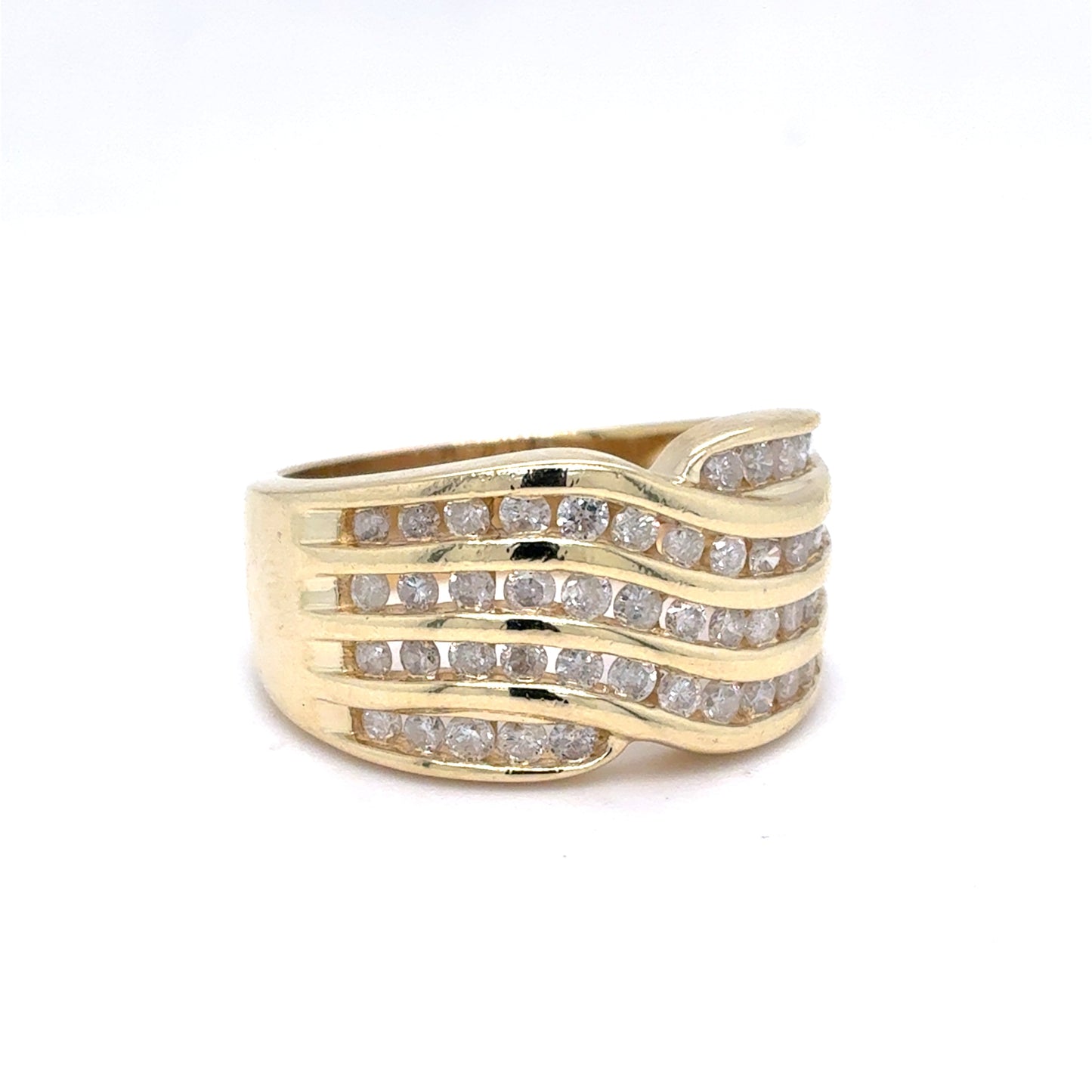 14K Yellow Gold Natural Diamond Multi-Row Channel-Set Wave Ring | Round Brilliant 1.01 TCW, I I2, Size 7.75