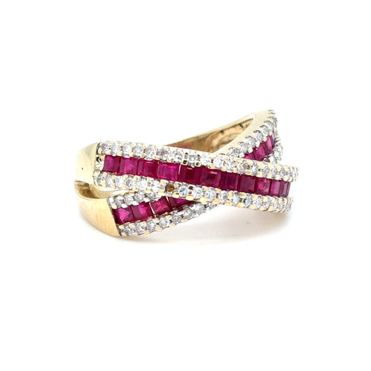 10K Yellow Gold Natural Ruby & Diamond Criss-Cross Ring | Square Step & Single Cut 1.59 TCW, H SI2, Size 7