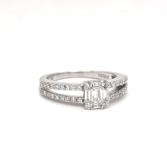 14K White Gold Natural Diamond Composite Split Shank Ring | Emerald, Baguette & Round 0.63 TCW, F-G VVS2-SI1, Size 6.5