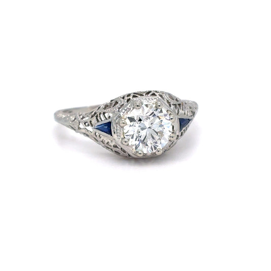 18K White Gold Art Deco Lab Grown Diamond & Sapphire Ring | Round Brilliant 1.03 CT, D VS1, Tapered Baguette Sapphires, Size 7.75