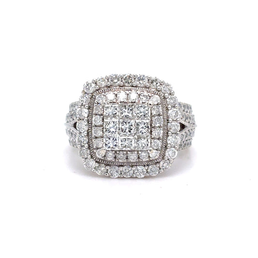 10K White Gold Natural Diamond Cluster Halo Ring | Princess & Round 1.97 TCW, H-I SI1-I1, Size 6