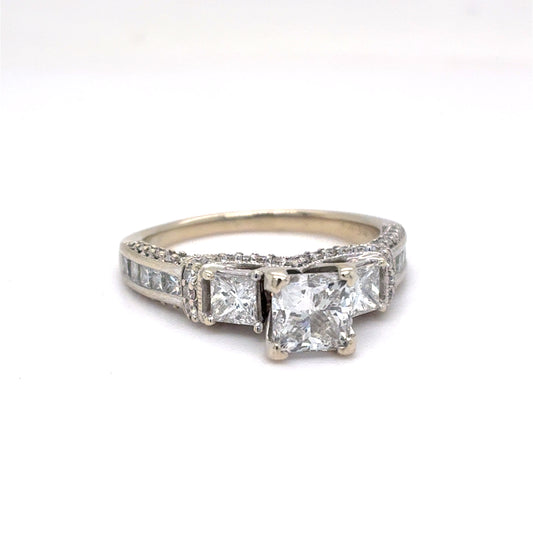 14K White Gold Natural Diamond Princess Cut Three-Stone Engagement Ring | Princess & Round 1.92 TCW, G SI1-I1, Size 7