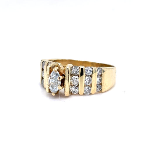 14K Yellow Gold Natural Diamond Marquise Channel Set Ring | Marquise & Round 0.90 TCW, F-H SI1-SI2, Size 7