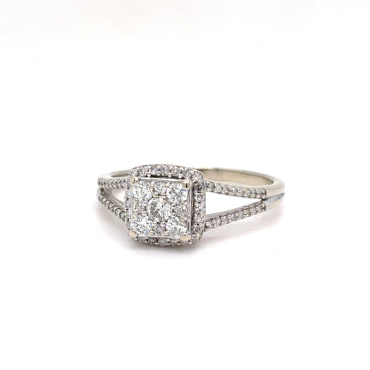 10K White Gold Natural Diamond Cluster Halo Ring | Round Brilliant & Single Cut 0.52 TCW, H SI2, Size 8.5