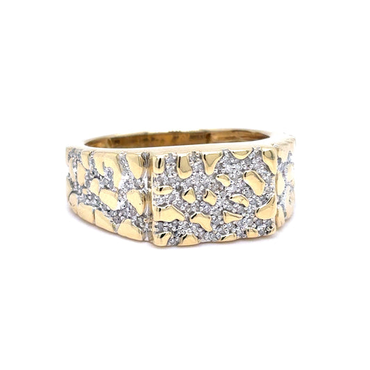 10K Yellow Gold Mens Diamond Pave Nugget Ring | Single Cut 0.45 TCW, I I1, Size 10.5