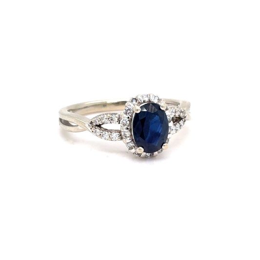 10K White Gold Natural Sapphire & Diamond Halo Ring | Oval 0.96ct, Round 0.19 TCW, G SI1, Size 6.5