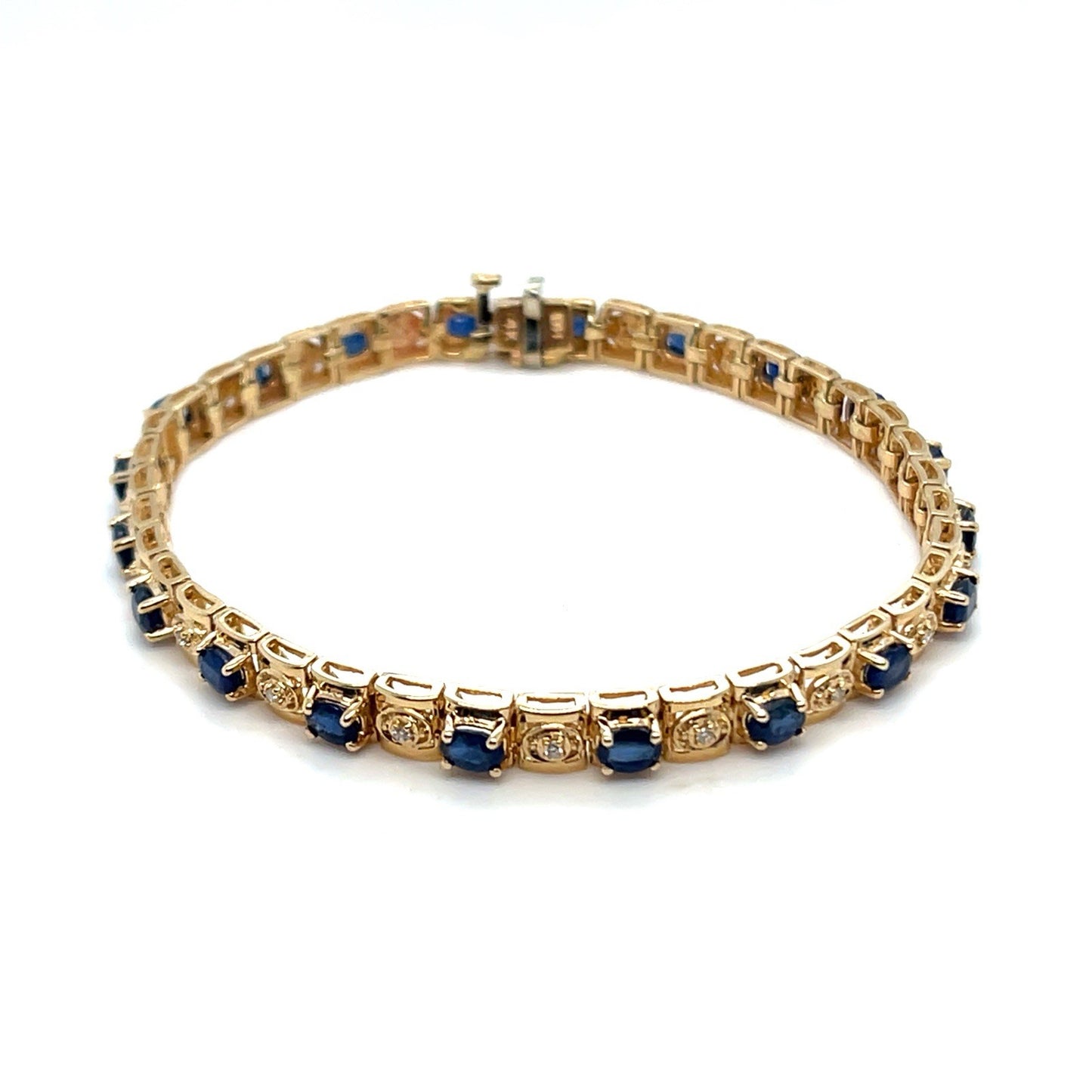 14K Yellow Gold 7” Oval Sapphire Diamond Bracelet 12.90g .15CTW 0