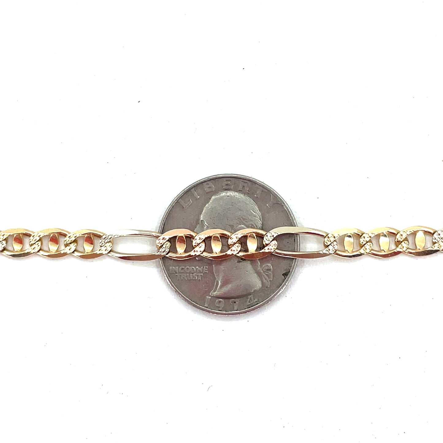 14K Tri Color Solid Gold Necklace | Figaro Mariner Style, 18 inch