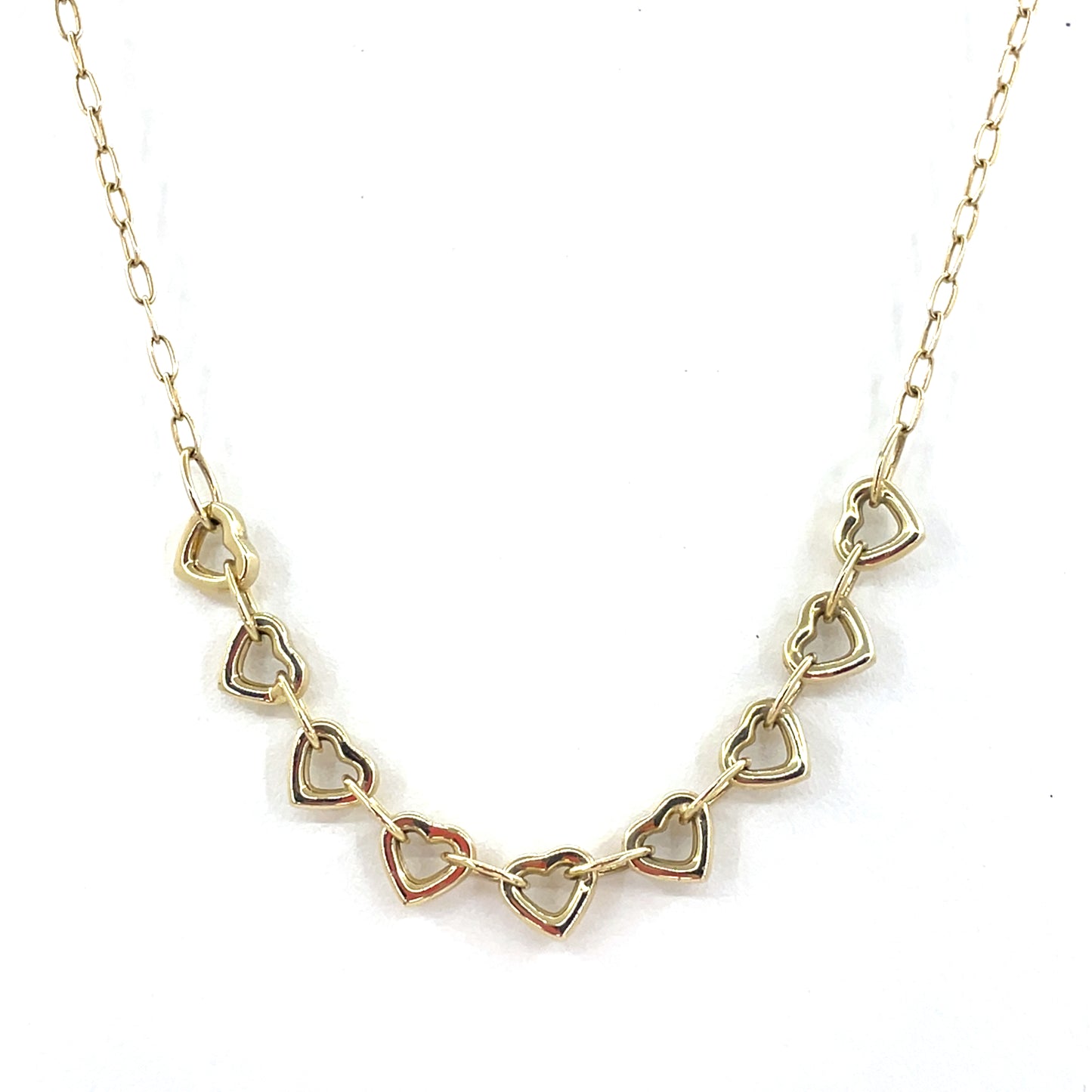 14K Yellow Gold Necklace | Oval Link Hearts Design, 18 inch