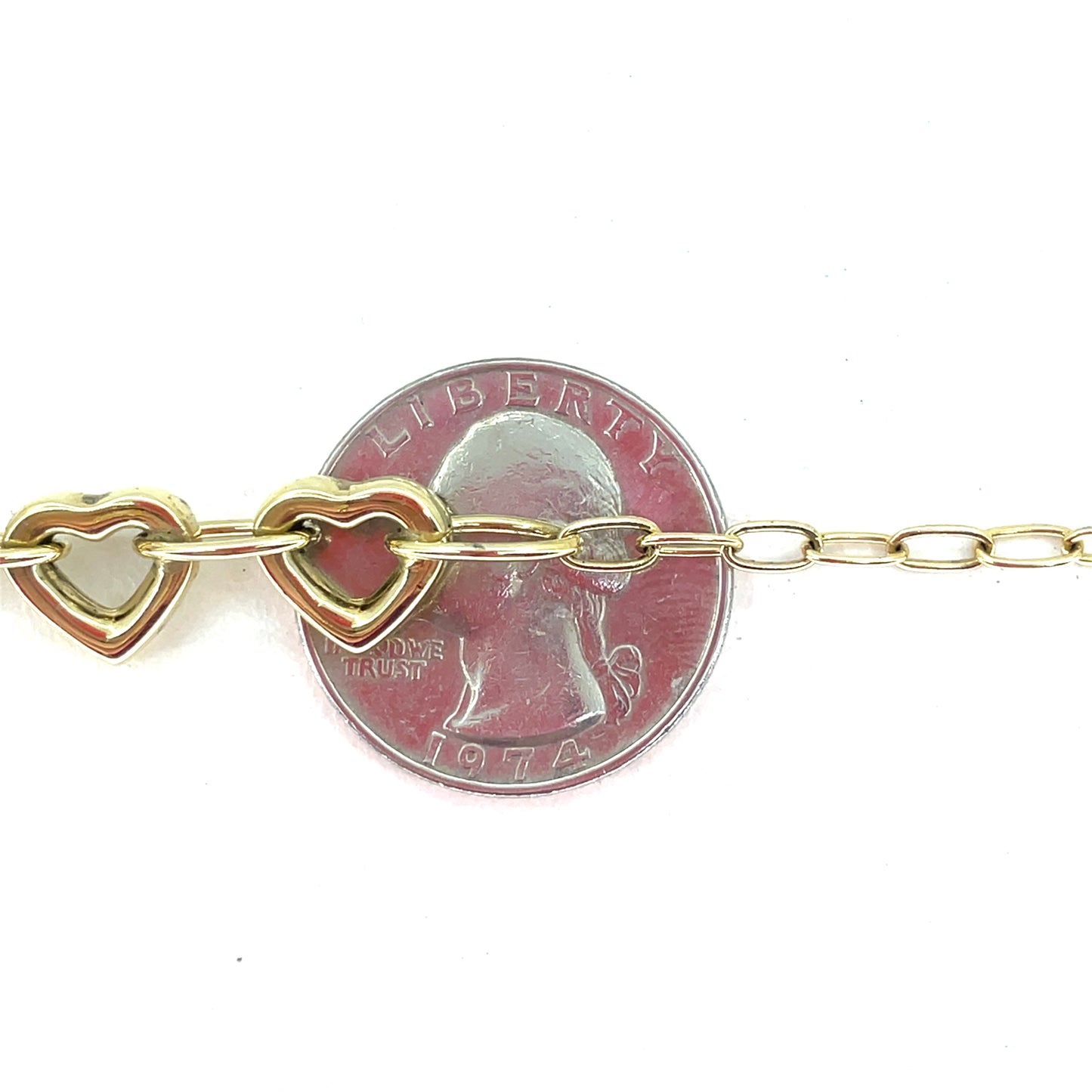 14K Yellow Gold Necklace | Oval Link Hearts Design, 18 inch