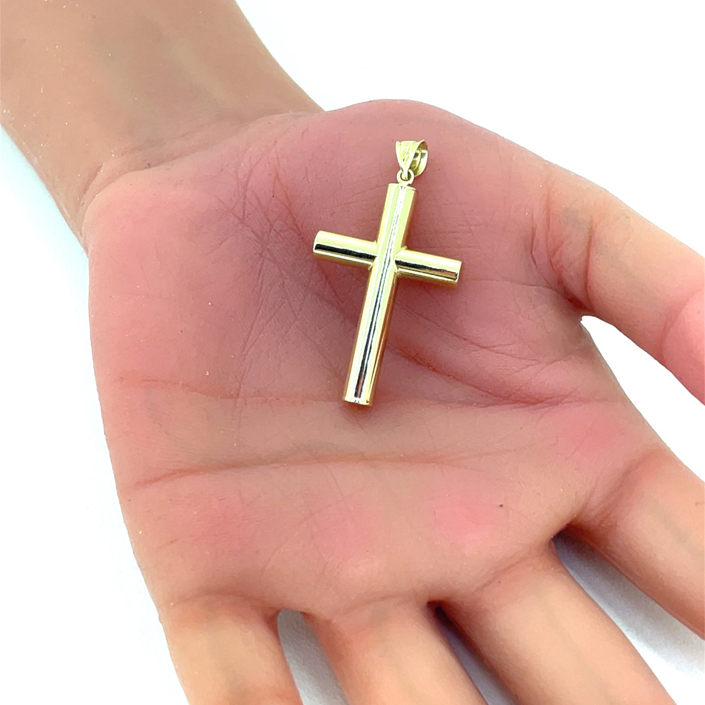 14K Yellow Gold Cross Pendant | Hollow Polished Round Cross