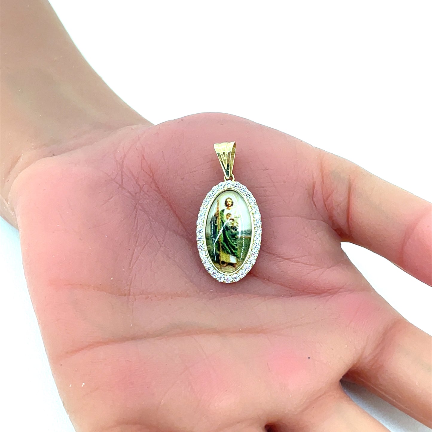 14K Yellow Gold CZ San Judas St Jude Pendant | CZ Oval San Judas Picture