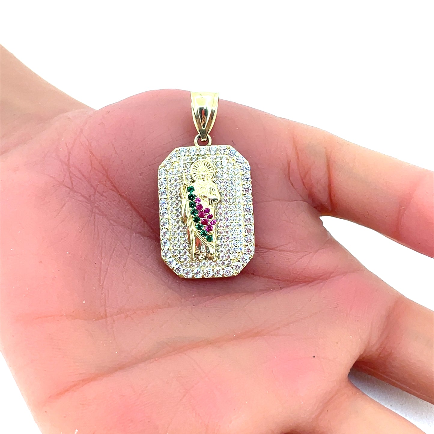 14K Yellow Gold Pendant | CZ San Judas Saint Jude Colored Rectangle Design