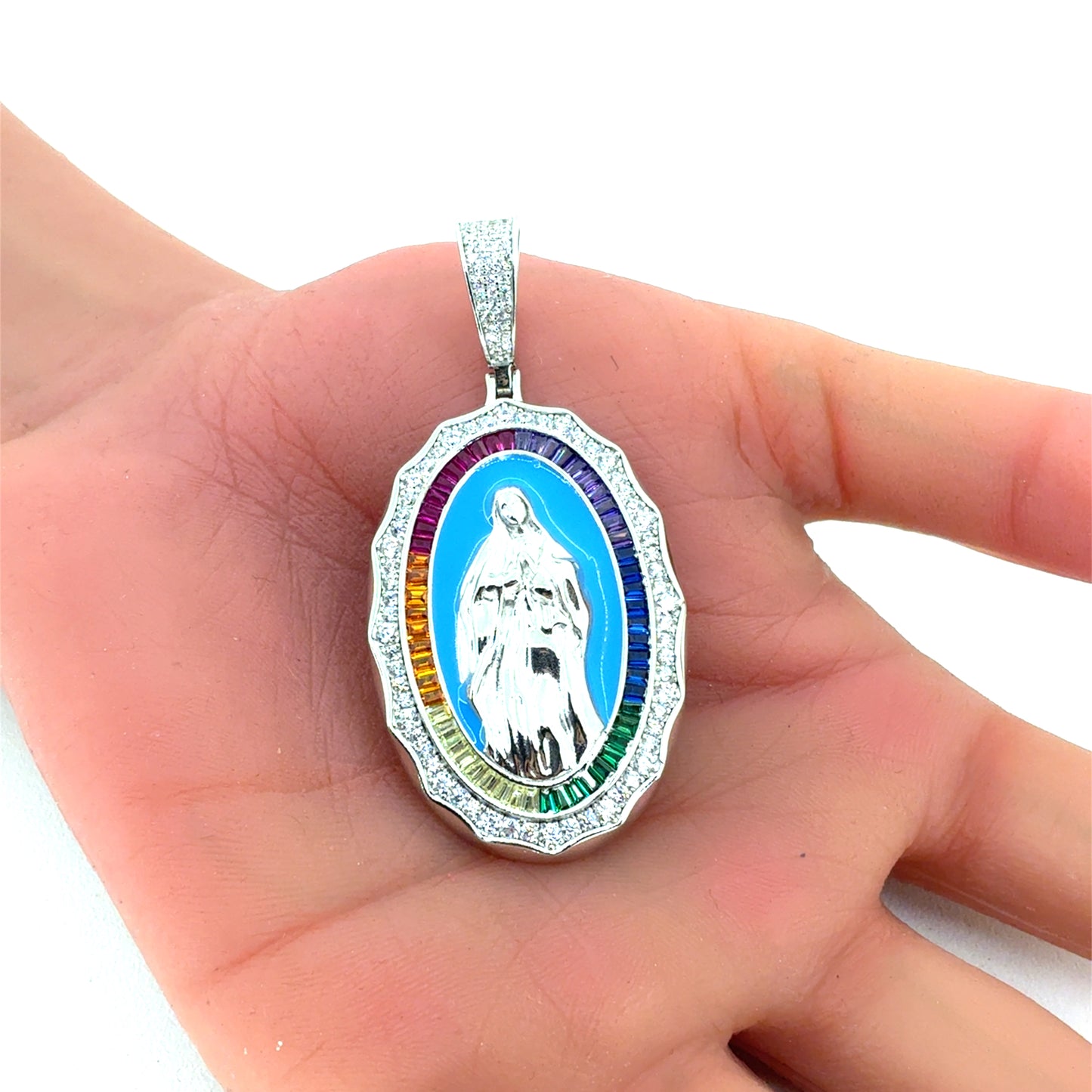Sterling Silver Pendant | Multi Colored Oval Virgin Mary Guadalupe, Enamel and CZ