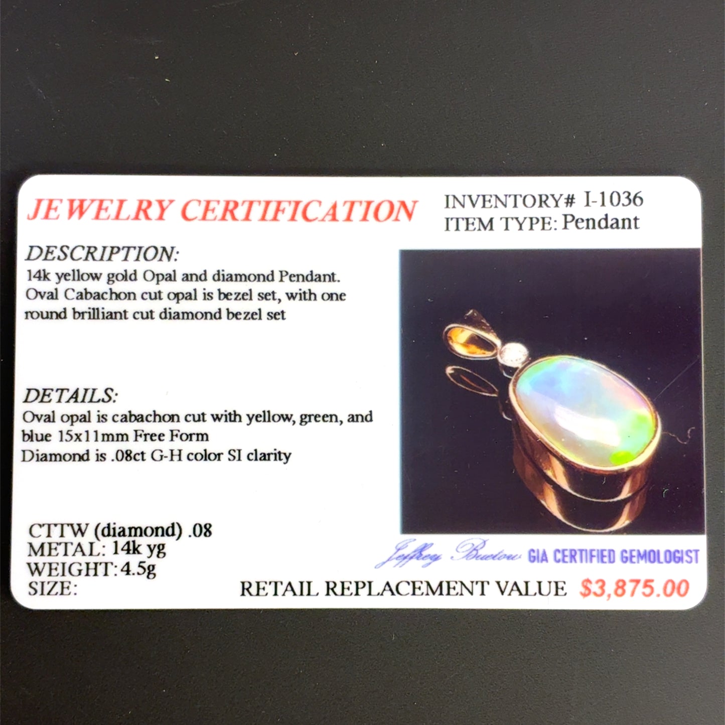 14k Yellow Gold Women’s Opal Pendant 4.50g