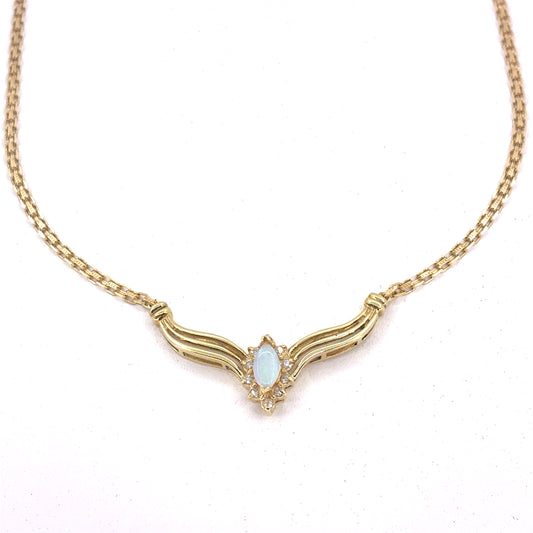 14K Yellow Gold Pendant Necklace | Marquise Opal with Diamond halo, 18 inches