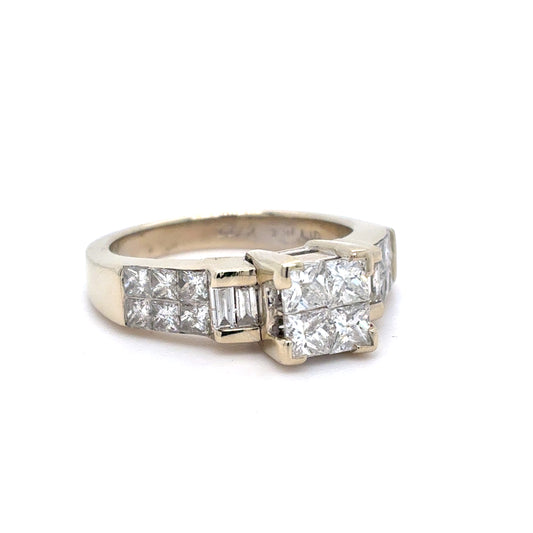 14K White Gold Diamond Ring | Princess Cut and Baguette Natural Diamonds 1.32 TCW , Size 7