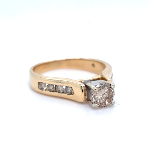 14K Two Tone Gold Ring | Champagne Diamond 0.69 CT center, .93TCW SI2, Size 6.75