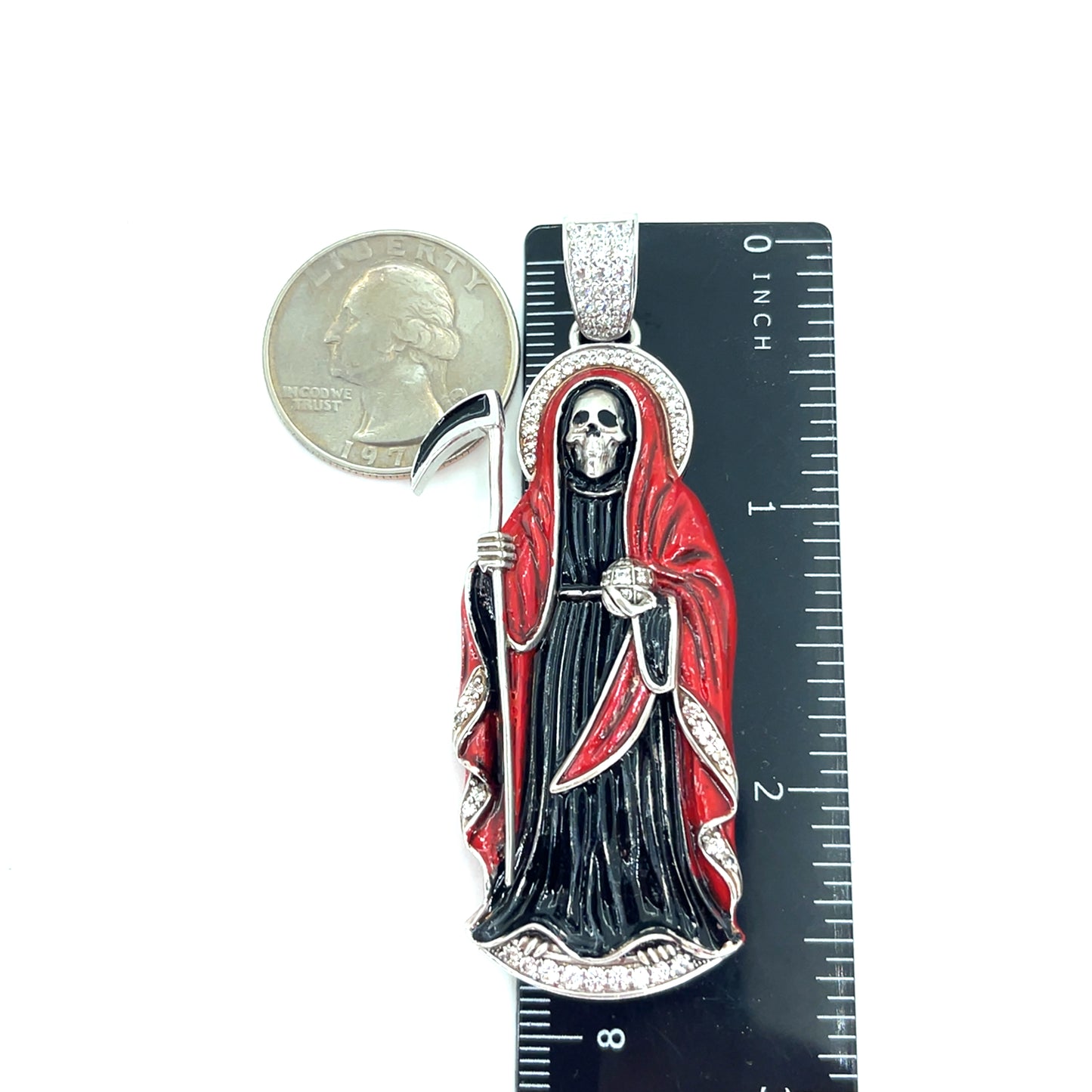 925 Sterling Silver CZ Santa Muerte Angel of Death Pendant | 18.2 grams Enamel and CZs