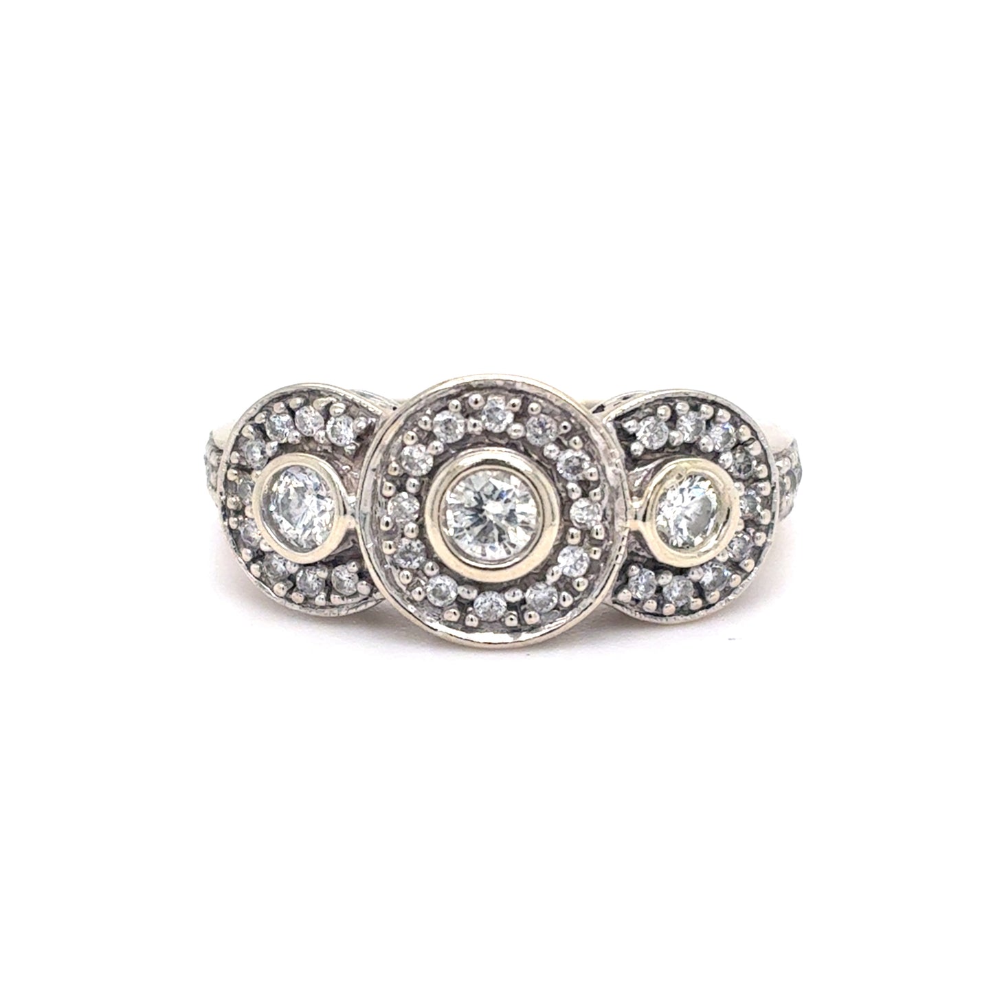 10K White Gold Natural Diamond Vintage-Style Three-Stone Halo Ring | Round Brilliant 0.46 TCW, H SI2, Size 6.5