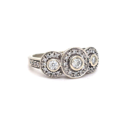 10K White Gold Natural Diamond Vintage-Style Three-Stone Halo Ring | Round Brilliant 0.46 TCW, H SI2, Size 6.5
