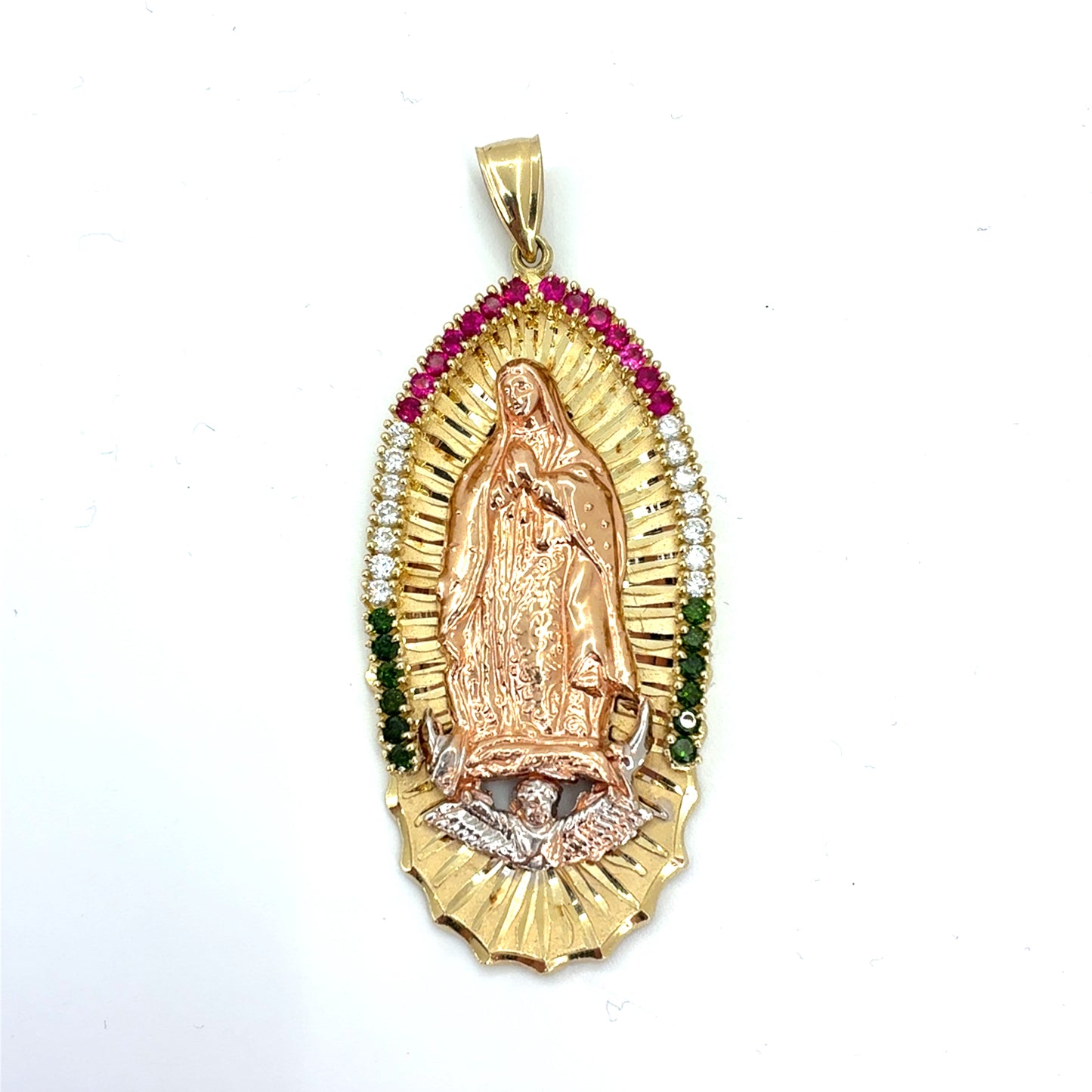 14K Tri Color Gold Pendant | Virgin Mary CZ Design