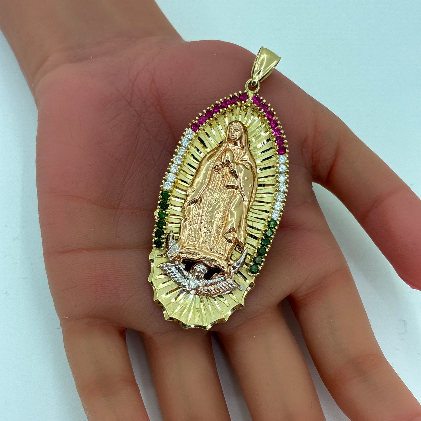 14K Tri Color Gold Pendant | Virgin Mary CZ Design