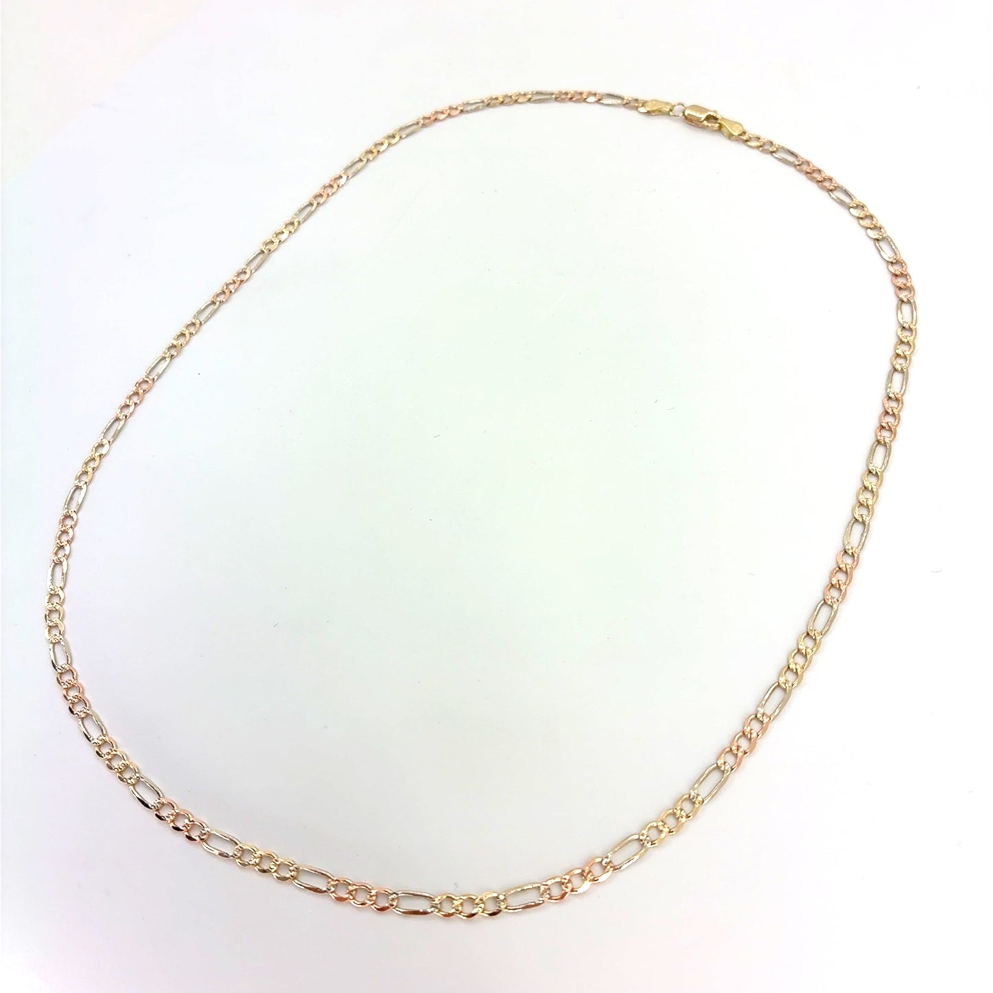 14K Tricolor Gold Solid Figaro Necklace | 20 Inches, 3.3mm, 7.60 grams