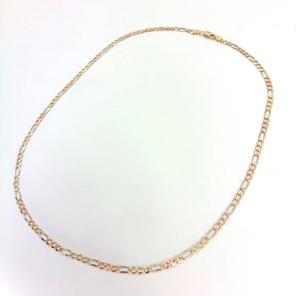 14K Tricolor Gold Solid Figaro Necklace | 20 Inches, 3.3mm, 7.60 grams