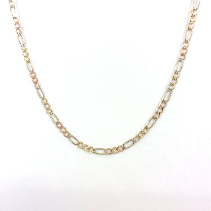 14K Tricolor Gold Solid Figaro Necklace | 20 Inches, 3.3mm, 7.60 grams