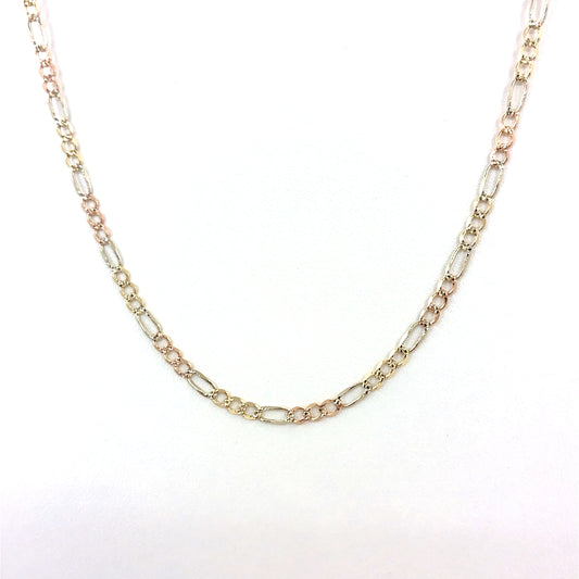 14K Tricolor Gold Solid Figaro Necklace | 20 Inches, 3.3mm, 7.60 grams