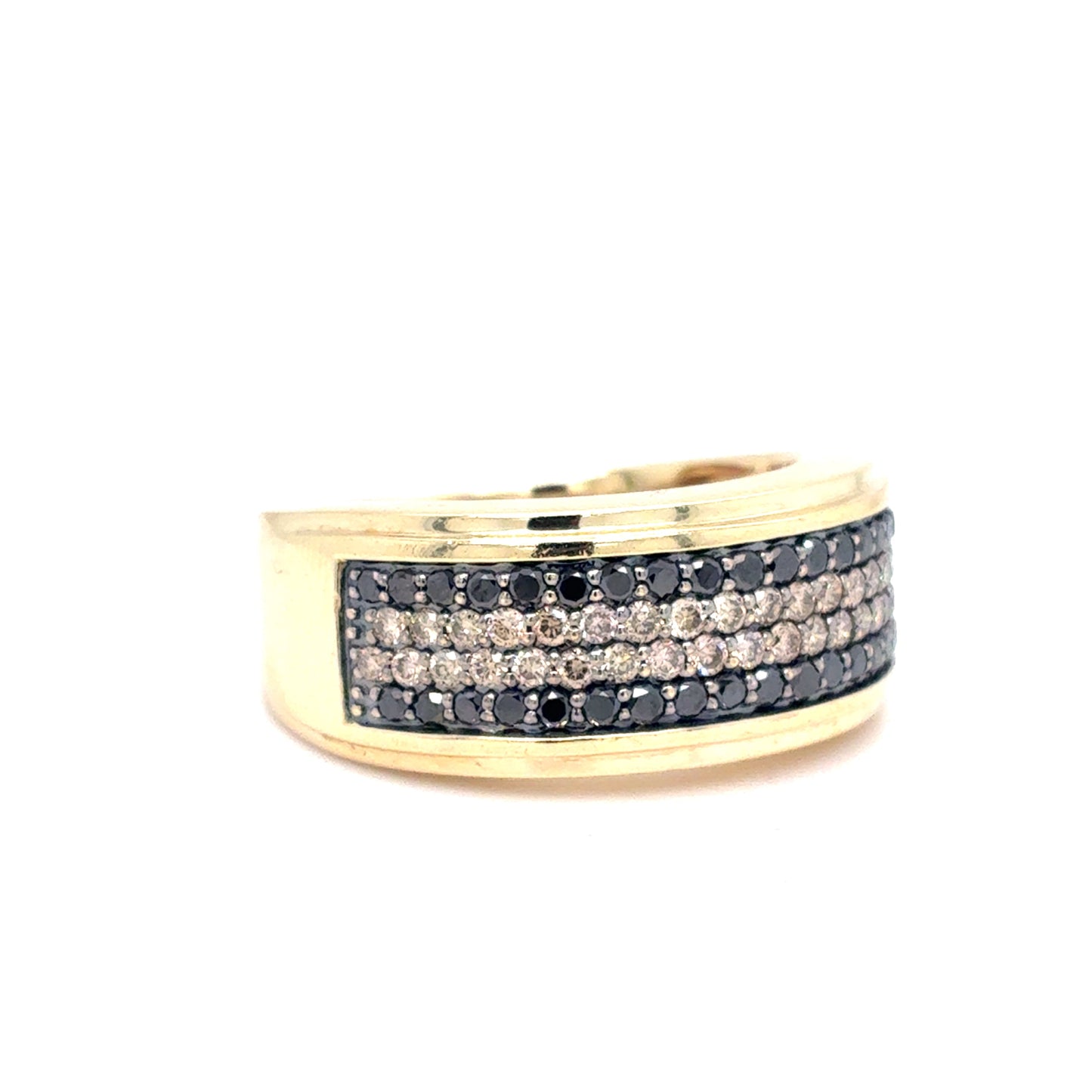 10K Yellow Gold Mens Multi-Row Black & Champagne Diamond Band | Round Brilliant 0.95 TCW, Size 10