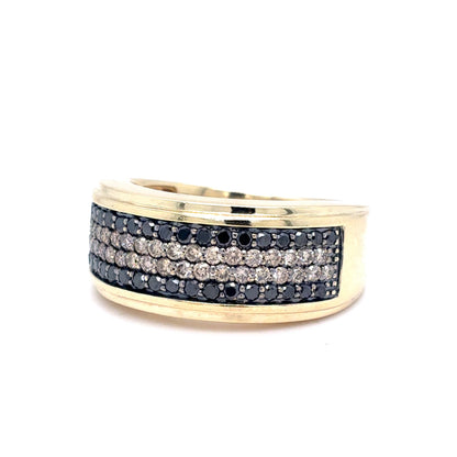 10K Yellow Gold Mens Multi-Row Black & Champagne Diamond Band | Round Brilliant 0.95 TCW, Size 10
