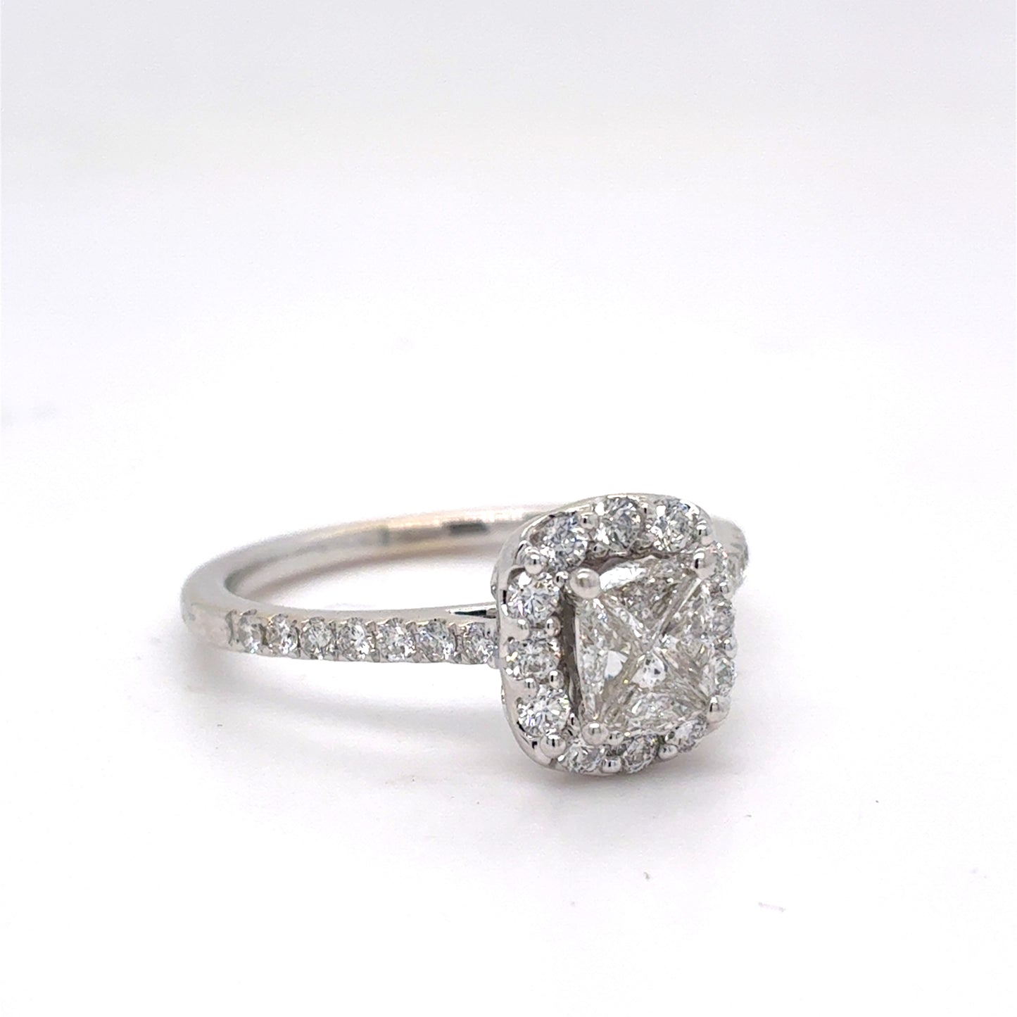 14K White Gold Natural Diamond Cushion Cut Halo Engagement Ring | Cushion, Trilliant & Round 0.75 TCW, H SI1, Size 6.5