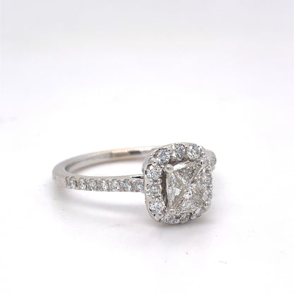 14K White Gold Natural Diamond Cushion Cut Halo Engagement Ring | Cushion, Trilliant & Round 0.75 TCW, H SI1, Size 6.5