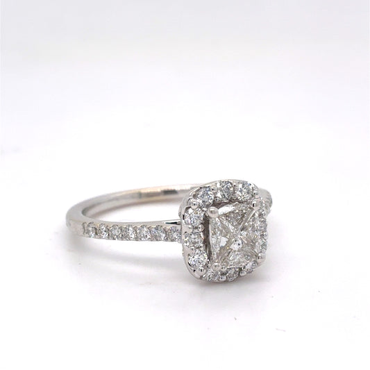 14K White Gold Natural Diamond Cushion Cut Halo Engagement Ring | Cushion, Trilliant & Round 0.75 TCW, H SI1, Size 6.5