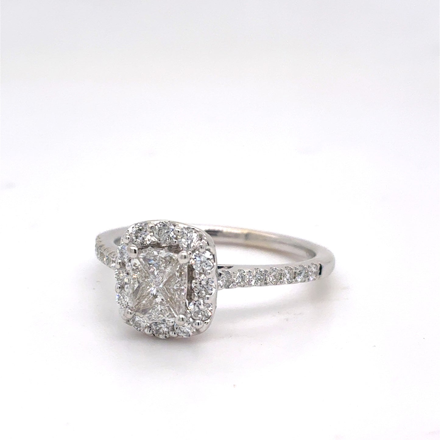 14K White Gold Natural Diamond Cushion Cut Halo Engagement Ring | Cushion, Trilliant & Round 0.75 TCW, H SI1, Size 6.5