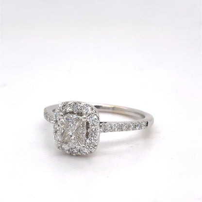 14K White Gold Natural Diamond Cushion Cut Halo Engagement Ring | Cushion, Trilliant & Round 0.75 TCW, H SI1, Size 6.5